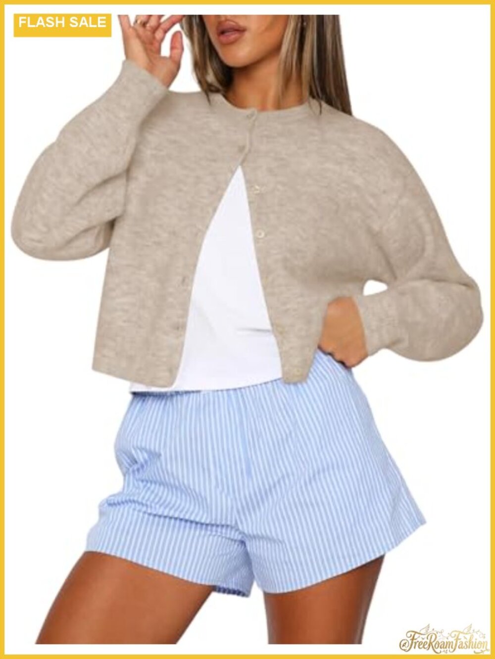 Womens Cropped Cardigan Sweater Crew Neck Long Sleeve Button Up Knit